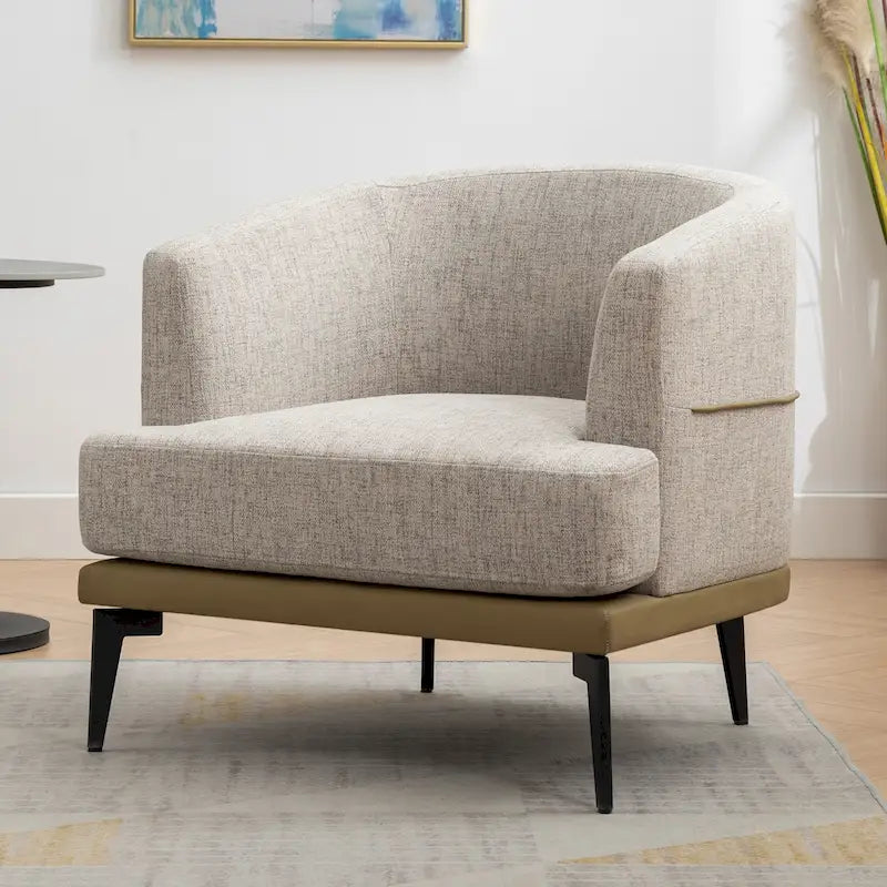 Modern Two-Tone Barrel Accent Chair – Linen & PU Leather