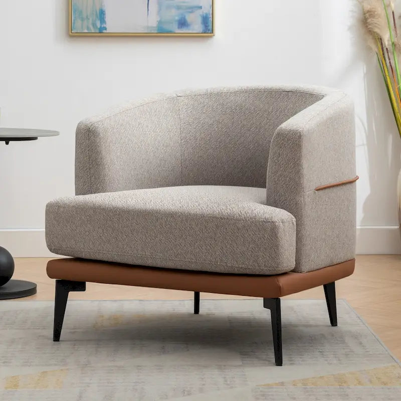 Modern Two-Tone Barrel Accent Chair – Linen & PU Leather