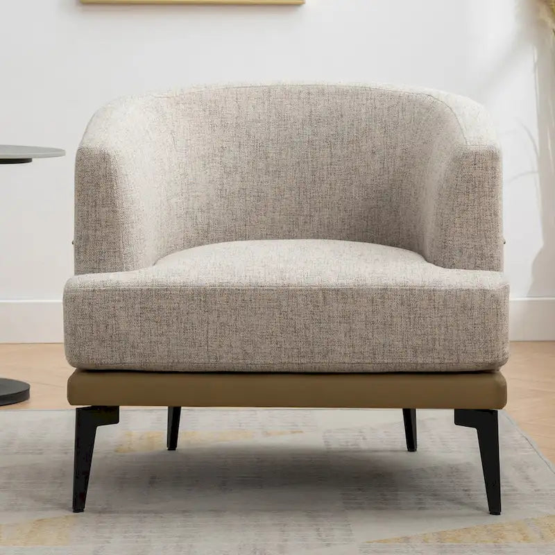 Modern Two-Tone Barrel Accent Chair – Linen & PU Leather