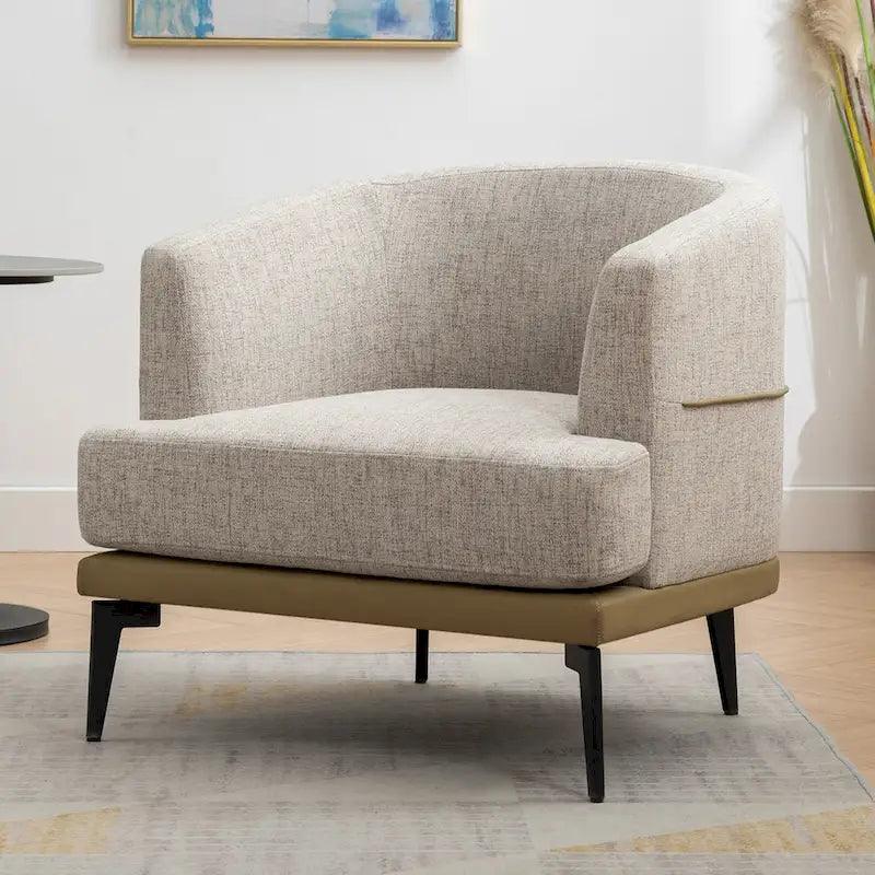 Modern Two-Tone Barrel Accent Chair – Linen & PU Leather