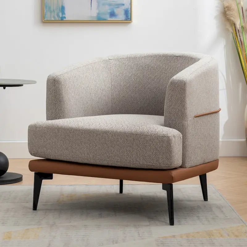 Modern Two-Tone Barrel Accent Chair – Linen & PU Leather