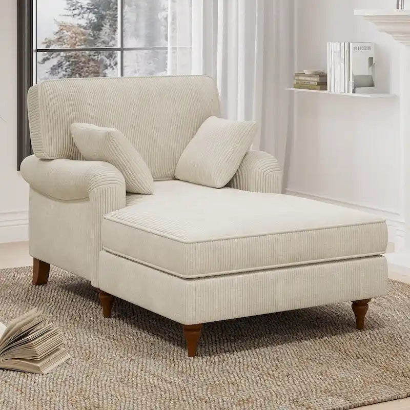 Oversized Corduroy Chaise Lounge Chair with Rolled Arms & 2 Pillows - Living Room & Bedroom Sofa Chair