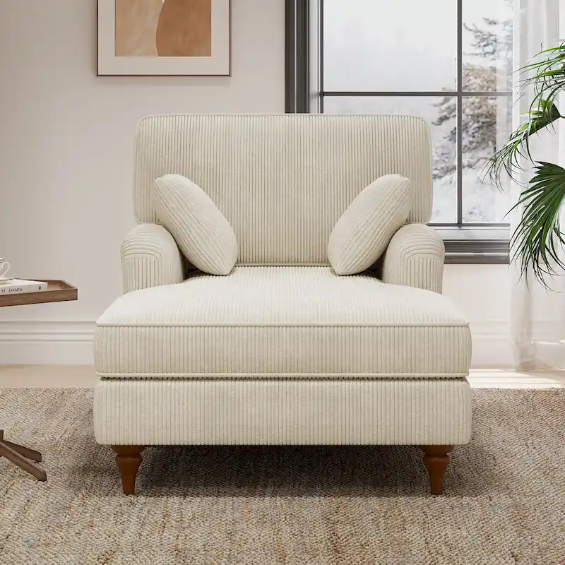 Oversized Corduroy Chaise Lounge Chair with Rolled Arms & 2 Pillows - Living Room & Bedroom Sofa Chair