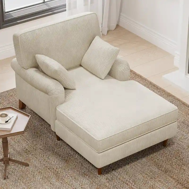Oversized Corduroy Chaise Lounge Chair with Rolled Arms & 2 Pillows - Living Room & Bedroom Sofa Chair