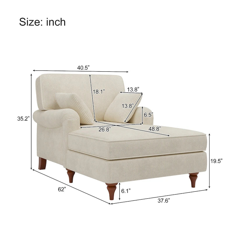 Oversized Corduroy Chaise Lounge Chair with Rolled Arms & 2 Pillows - Living Room & Bedroom Sofa Chair