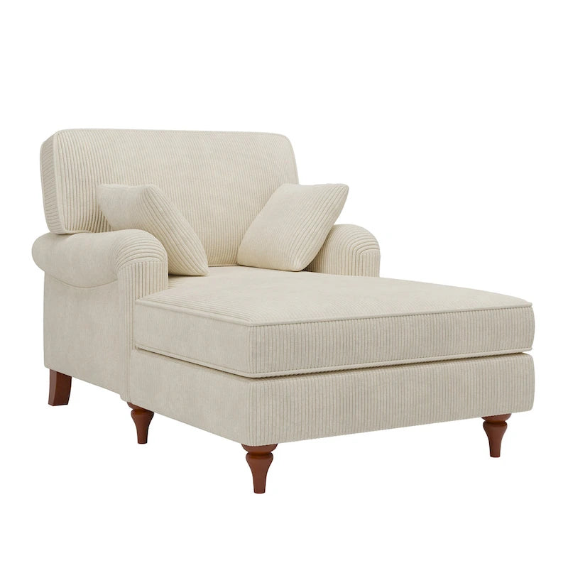 Oversized Corduroy Chaise Lounge Chair with Rolled Arms & 2 Pillows - Living Room & Bedroom Sofa Chair