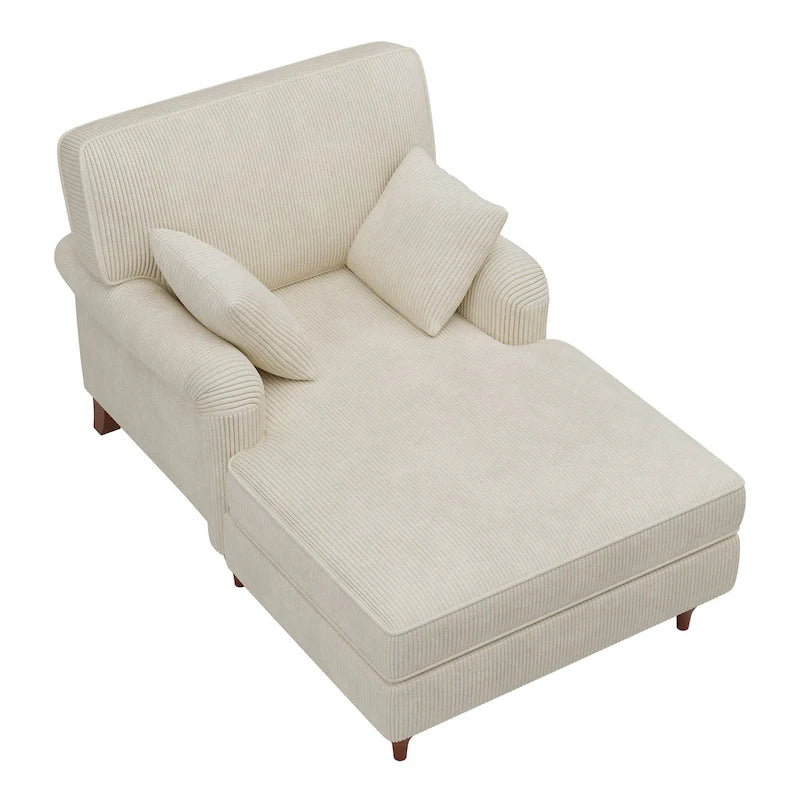 Oversized Corduroy Chaise Lounge Chair with Rolled Arms & 2 Pillows - Living Room & Bedroom Sofa Chair