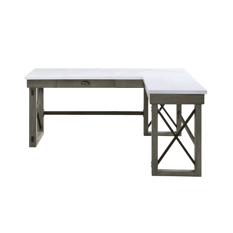 L-Shaped Writing Desk with Marble-Look Top, Lift-Top Storage & Drawer – Weathered Grey
