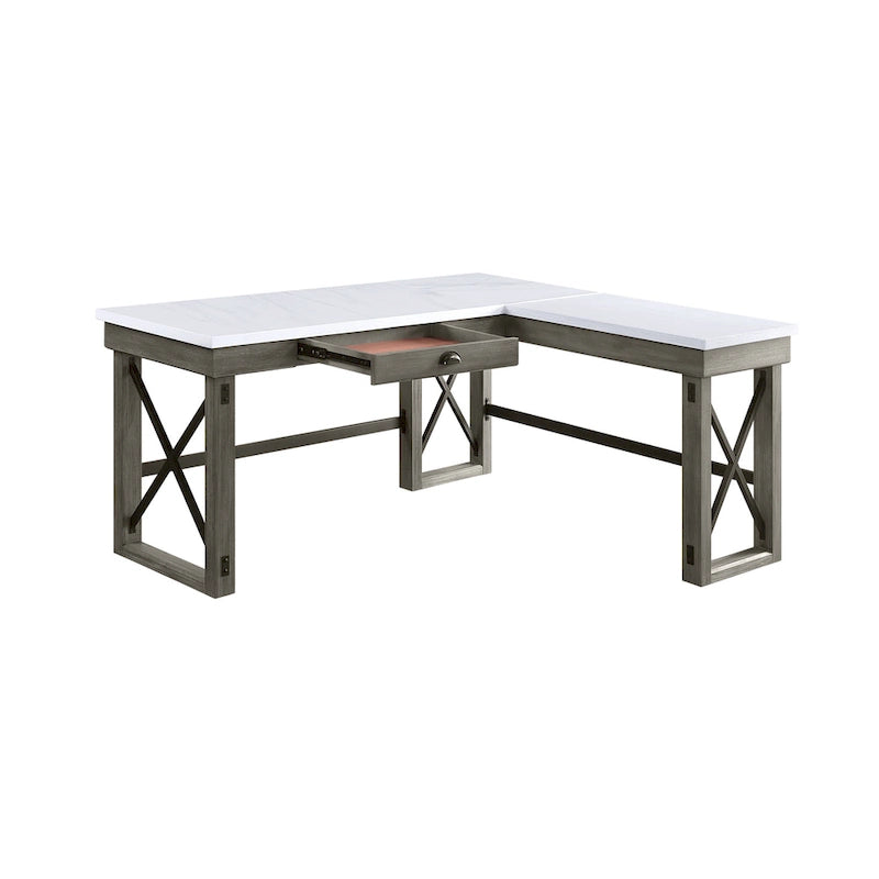L-Shaped Writing Desk with Marble-Look Top, Lift-Top Storage & Drawer – Weathered Grey