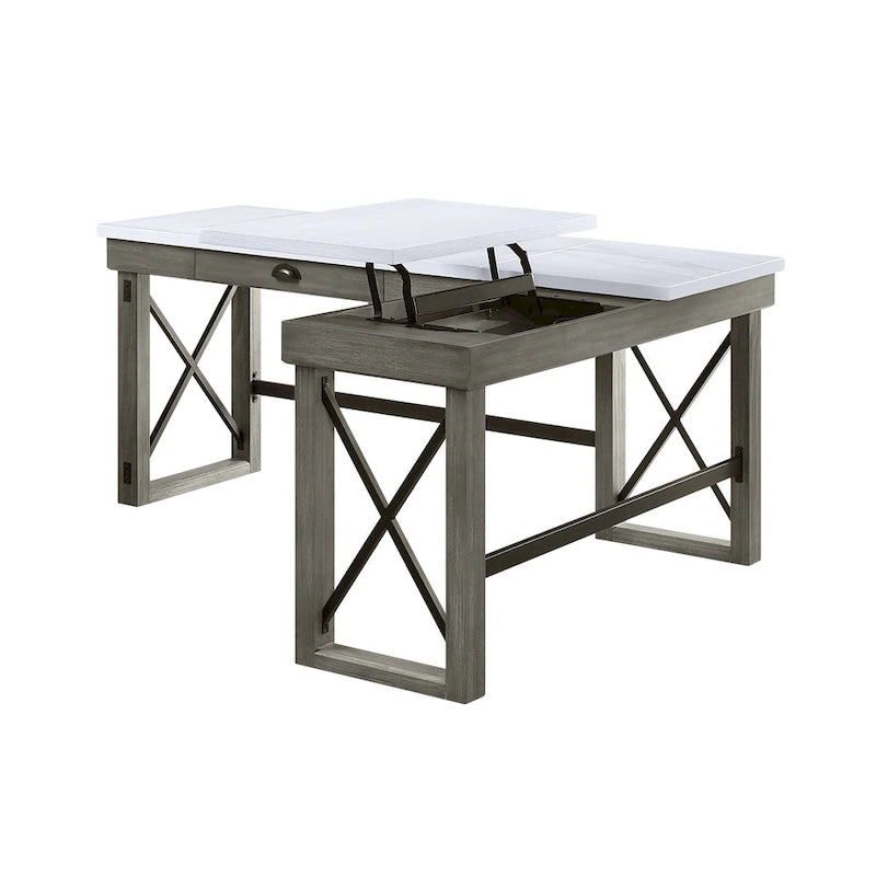 L-Shaped Writing Desk with Marble-Look Top, Lift-Top Storage & Drawer – Weathered Grey
