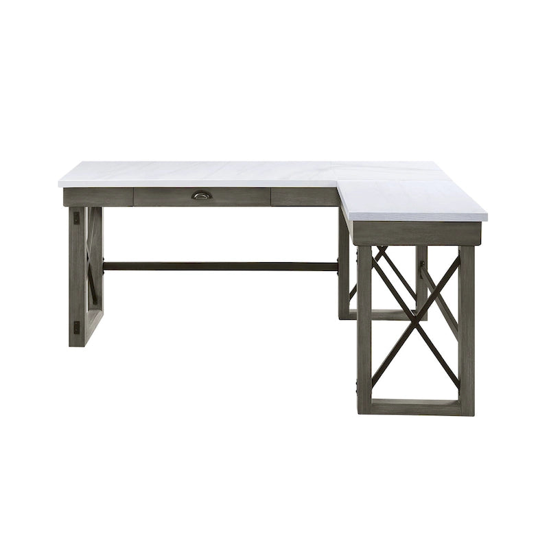L-Shaped Writing Desk with Marble-Look Top, Lift-Top Storage & Drawer – Weathered Grey