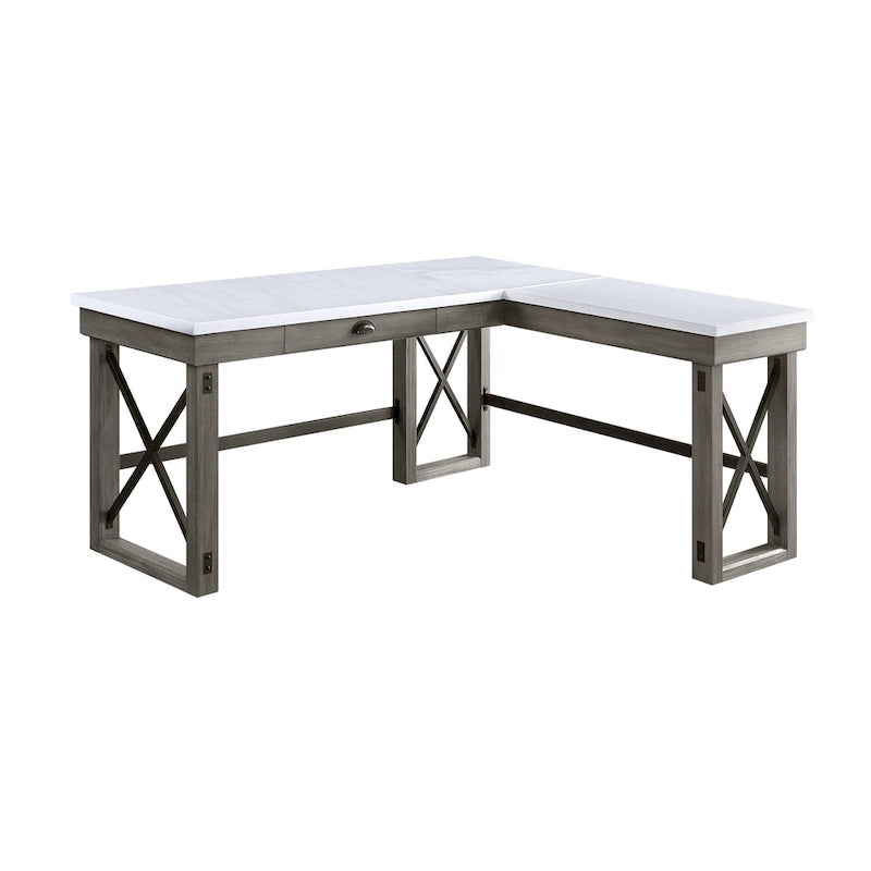 L-Shaped Writing Desk with Marble-Look Top, Lift-Top Storage & Drawer – Weathered Grey