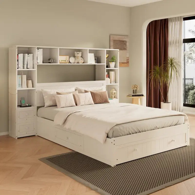 Solid Pine Wood Captain Bed with Built-In Bookcase, Nightstands, Storage Drawers & Charging Stations