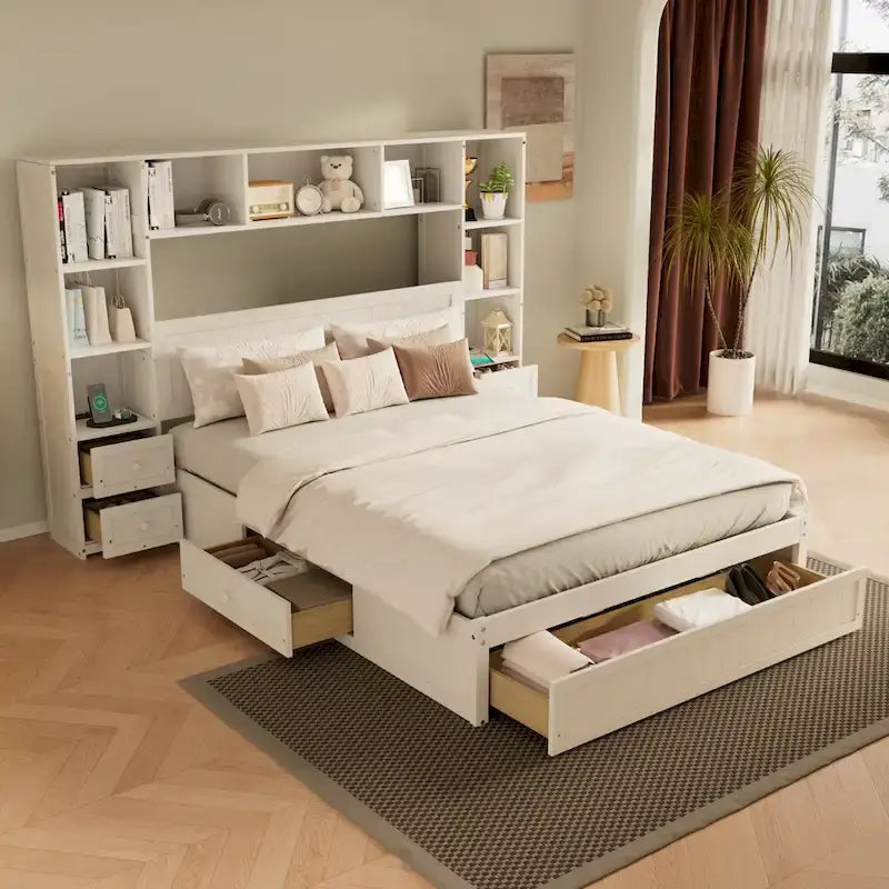 Solid Pine Wood Captain Bed with Built-In Bookcase, Nightstands, Storage Drawers & Charging Stations
