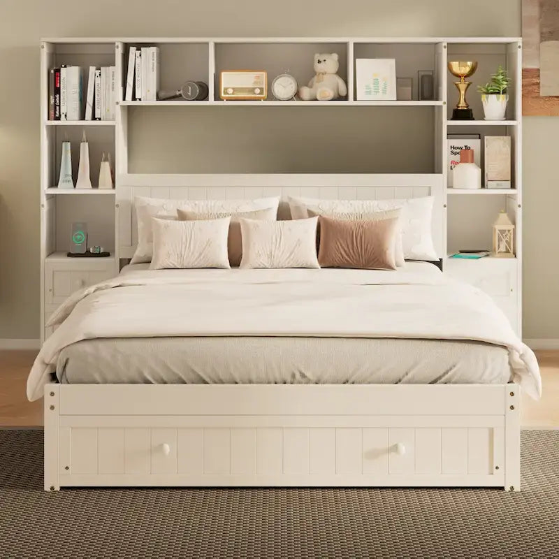 Solid Pine Wood Captain Bed with Built-In Bookcase, Nightstands, Storage Drawers & Charging Stations
