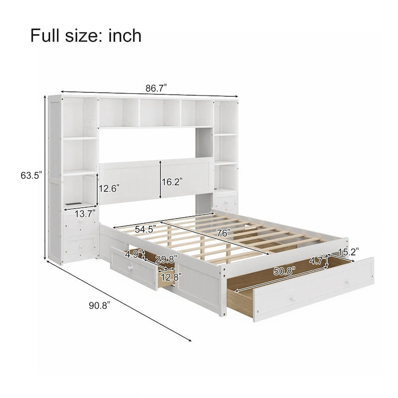 Solid Pine Wood Captain Bed with Built-In Bookcase, Nightstands, Storage Drawers & Charging Stations
