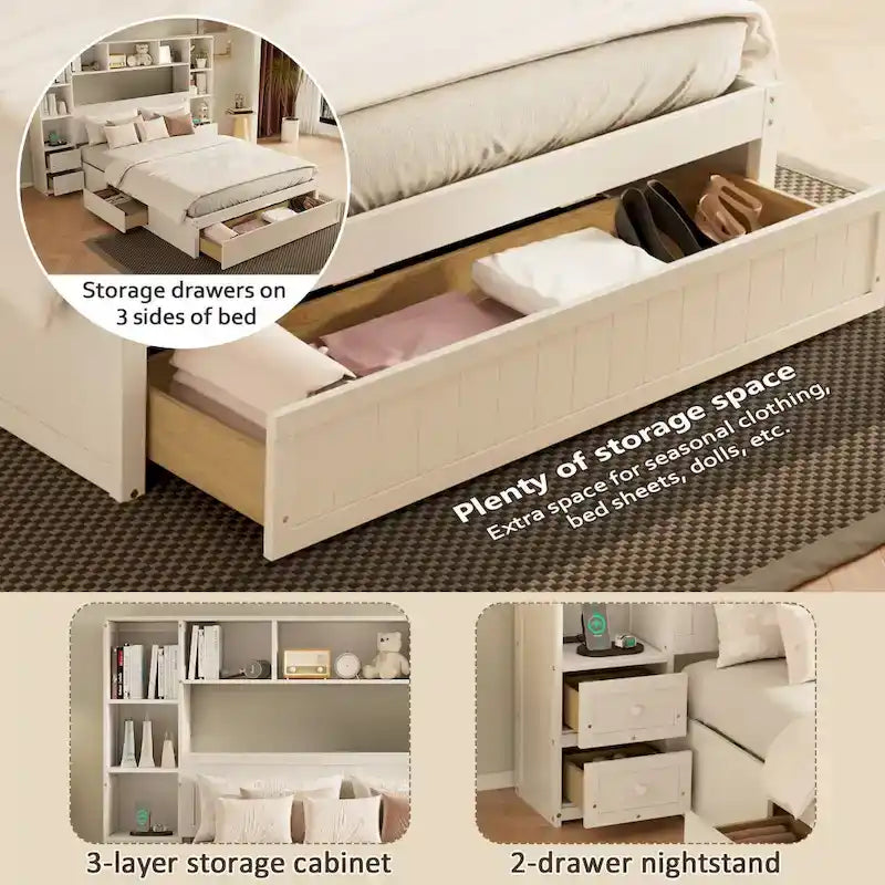 Solid Pine Wood Captain Bed with Built-In Bookcase, Nightstands, Storage Drawers & Charging Stations