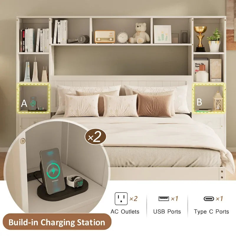 Solid Pine Wood Captain Bed with Built-In Bookcase, Nightstands, Storage Drawers & Charging Stations