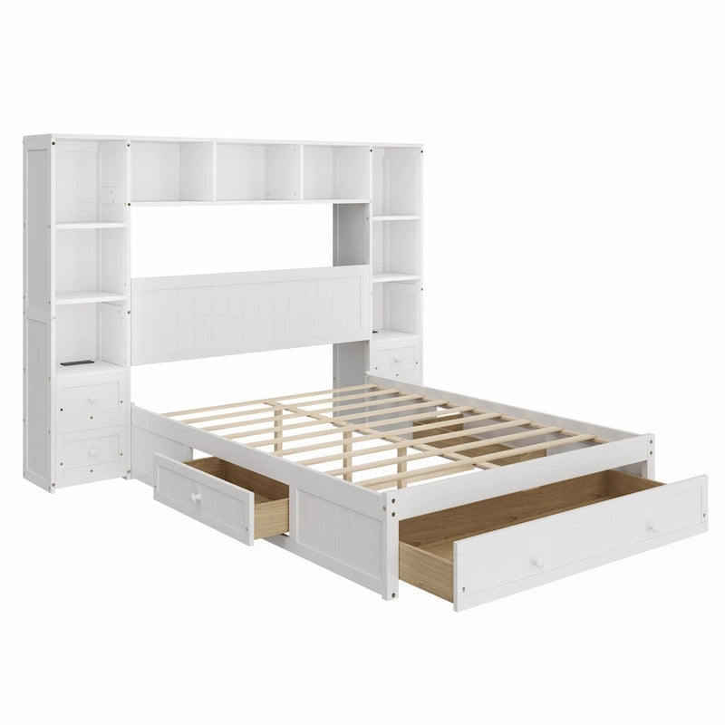 Solid Pine Wood Captain Bed with Built-In Bookcase, Nightstands, Storage Drawers & Charging Stations