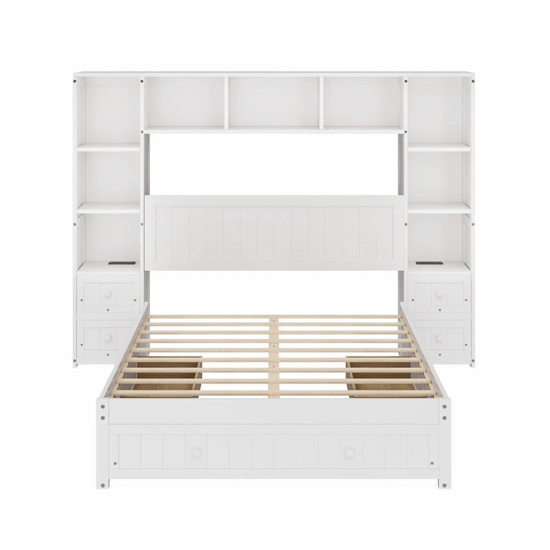 Solid Pine Wood Captain Bed with Built-In Bookcase, Nightstands, Storage Drawers & Charging Stations