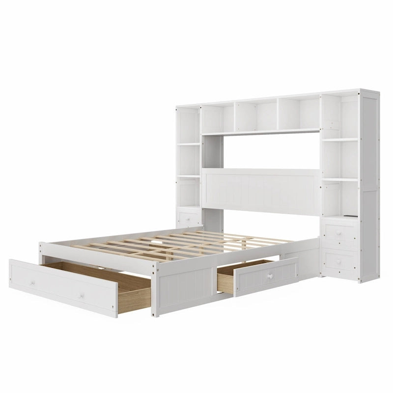 Solid Pine Wood Captain Bed with Built-In Bookcase, Nightstands, Storage Drawers & Charging Stations