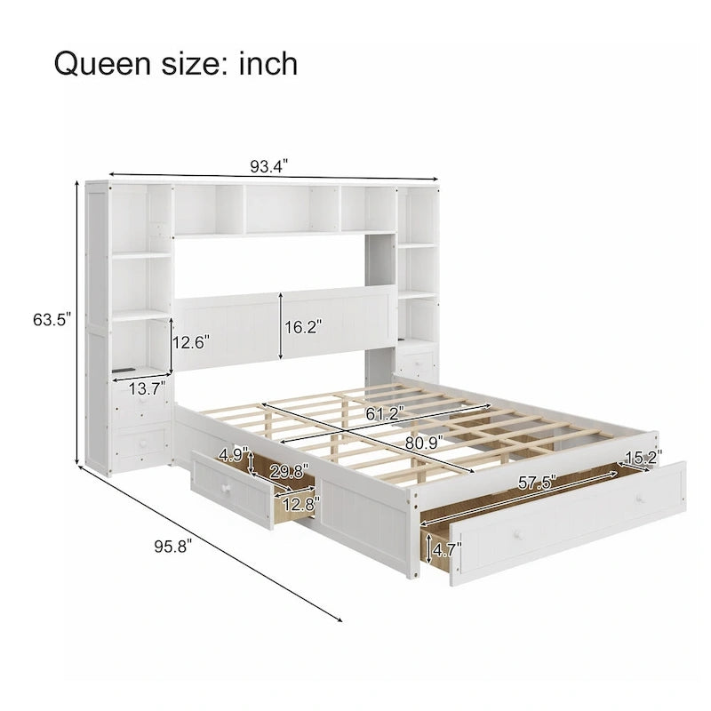Solid Pine Wood Captain Bed with Built-In Bookcase, Nightstands, Storage Drawers & Charging Stations