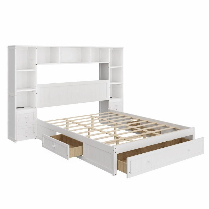 Solid Pine Wood Captain Bed with Built-In Bookcase, Nightstands, Storage Drawers & Charging Stations