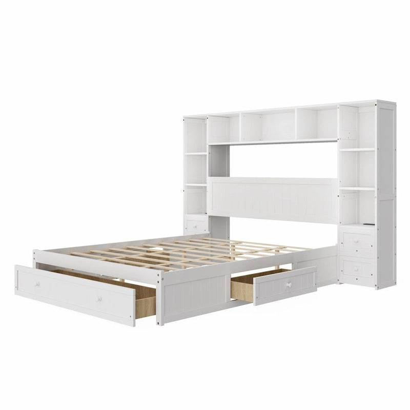 Solid Pine Wood Captain Bed with Built-In Bookcase, Nightstands, Storage Drawers & Charging Stations