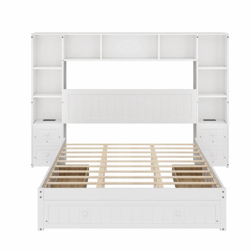 Solid Pine Wood Captain Bed with Built-In Bookcase, Nightstands, Storage Drawers & Charging Stations