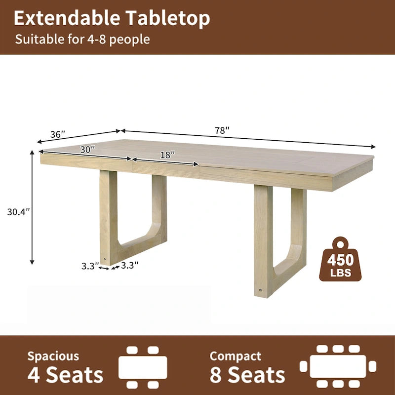60"-78" Extendable Farmhouse Dining Table with Removable Leaf - Seats 4 to 8