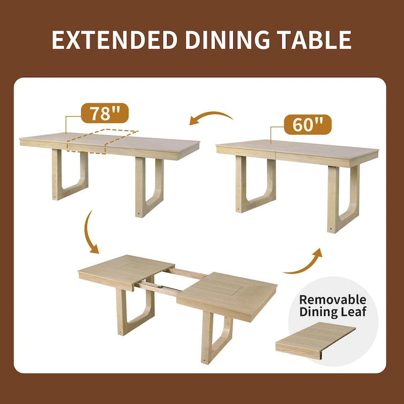 60"-78" Extendable Farmhouse Dining Table with Removable Leaf - Seats 4 to 8