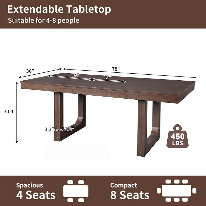 60"-78" Extendable Farmhouse Dining Table with Removable Leaf - Seats 4 to 8