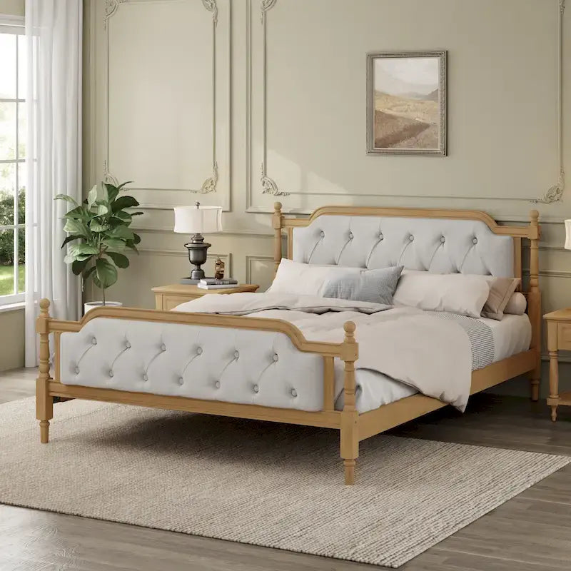 Queen Size French Provincial Platform Bed Frame - Hand-Tufted Linen Headboard & Solid Pine Wood