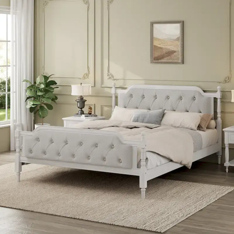 Queen Size French Provincial Platform Bed Frame - Hand-Tufted Linen Headboard & Solid Pine Wood