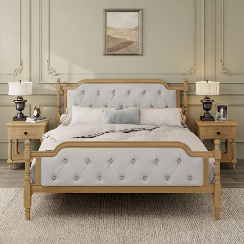 Queen Size French Provincial Platform Bed Frame - Hand-Tufted Linen Headboard & Solid Pine Wood