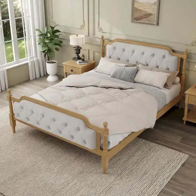 Queen Size French Provincial Platform Bed Frame - Hand-Tufted Linen Headboard & Solid Pine Wood