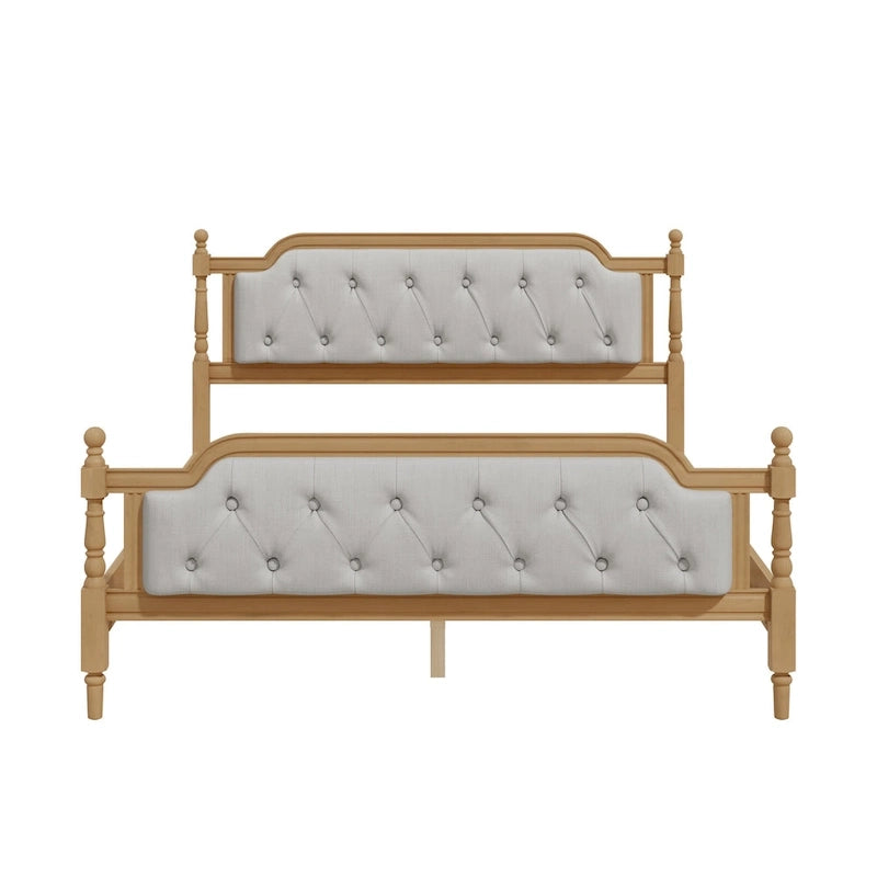 Queen Size French Provincial Platform Bed Frame - Hand-Tufted Linen Headboard & Solid Pine Wood