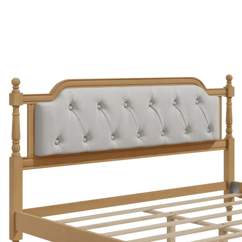 Queen Size French Provincial Platform Bed Frame - Hand-Tufted Linen Headboard & Solid Pine Wood