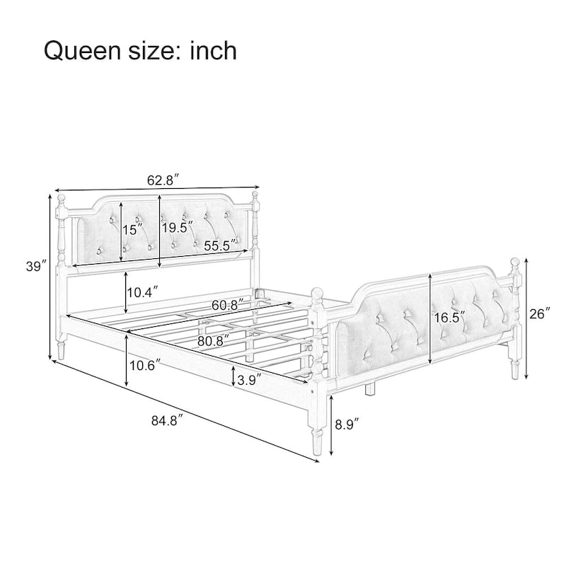 Queen Size French Provincial Platform Bed Frame - Hand-Tufted Linen Headboard & Solid Pine Wood