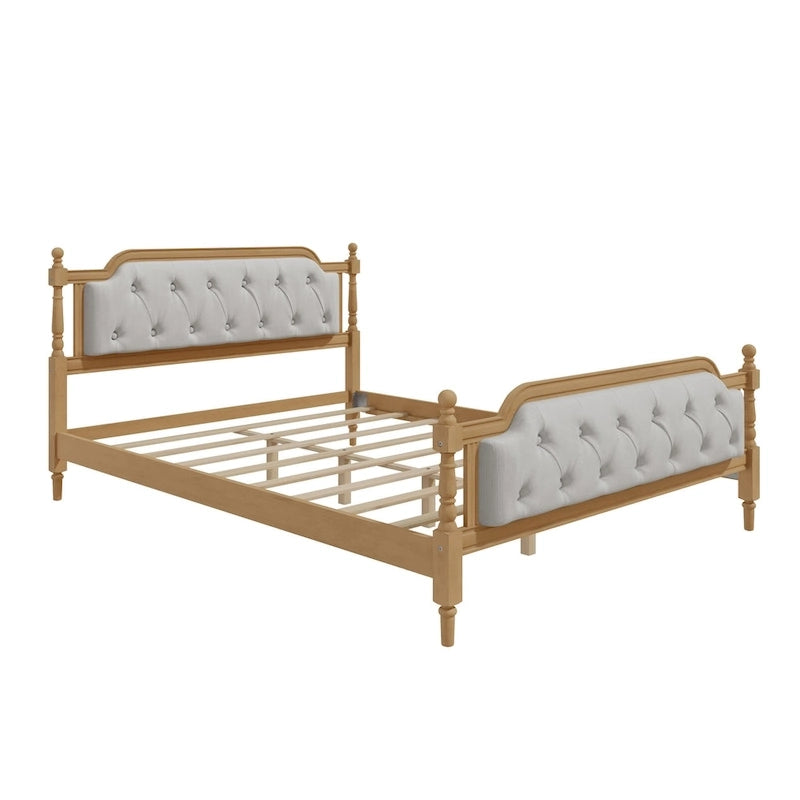 Queen Size French Provincial Platform Bed Frame - Hand-Tufted Linen Headboard & Solid Pine Wood
