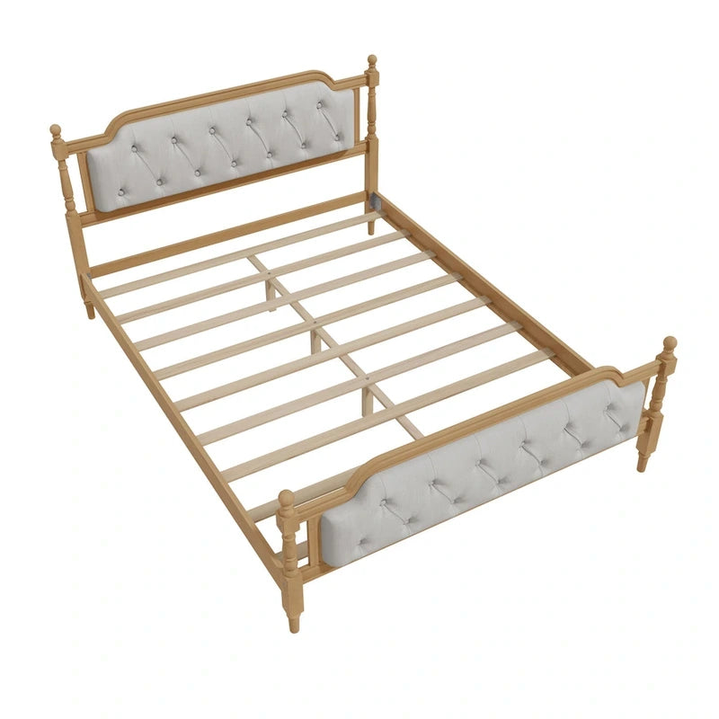 Queen Size French Provincial Platform Bed Frame - Hand-Tufted Linen Headboard & Solid Pine Wood