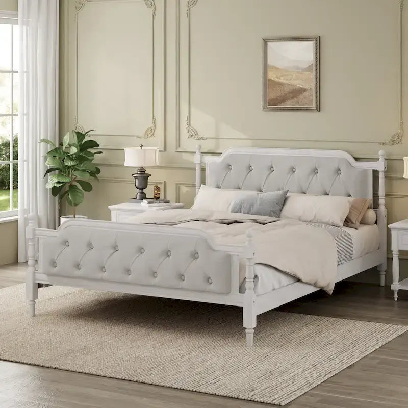 Queen Size French Provincial Platform Bed Frame - Hand-Tufted Linen Headboard & Solid Pine Wood