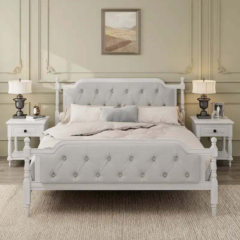 Queen Size French Provincial Platform Bed Frame - Hand-Tufted Linen Headboard & Solid Pine Wood