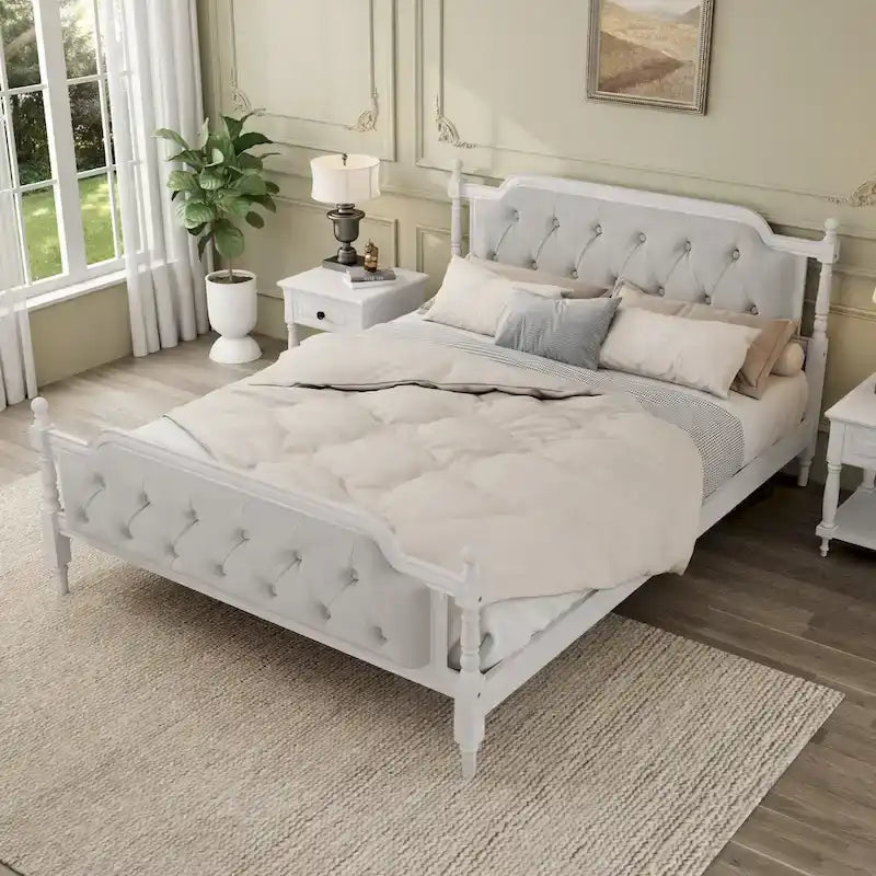 Queen Size French Provincial Platform Bed Frame - Hand-Tufted Linen Headboard & Solid Pine Wood