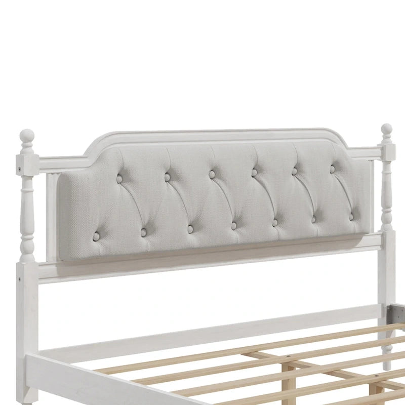 Queen Size French Provincial Platform Bed Frame - Hand-Tufted Linen Headboard & Solid Pine Wood