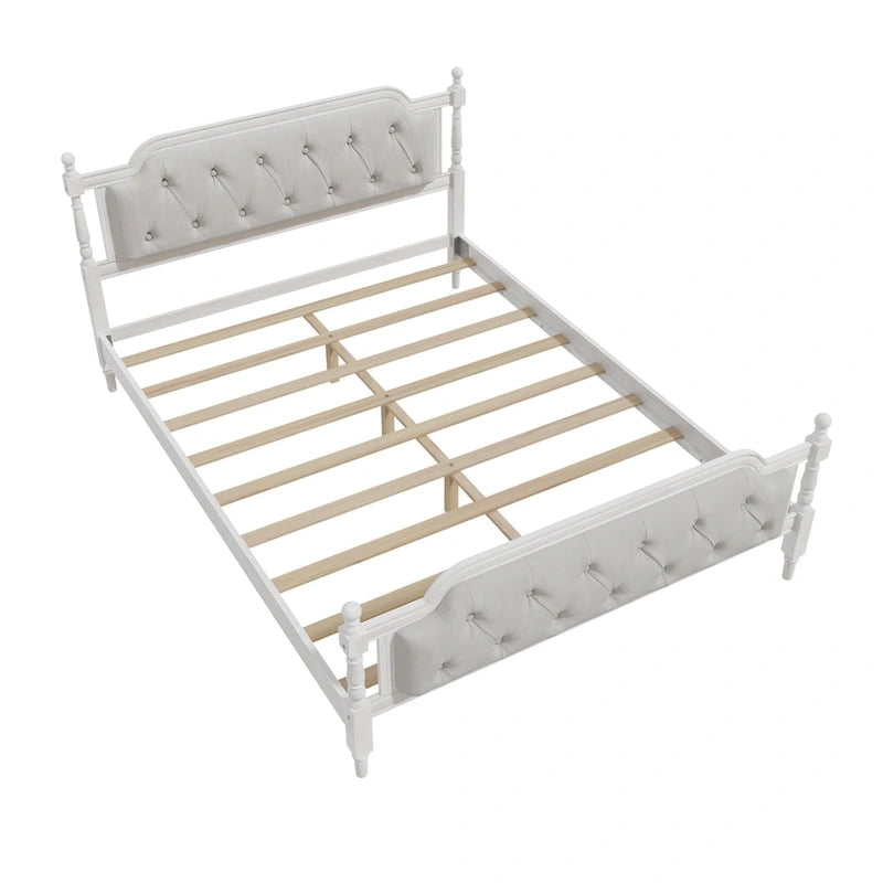 Queen Size French Provincial Platform Bed Frame - Hand-Tufted Linen Headboard & Solid Pine Wood
