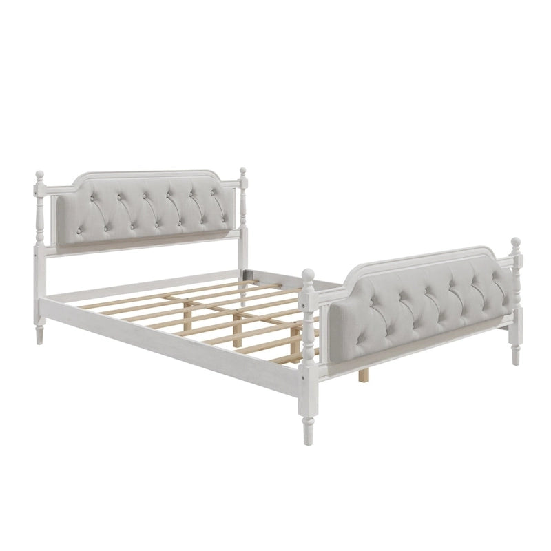 Queen Size French Provincial Platform Bed Frame - Hand-Tufted Linen Headboard & Solid Pine Wood