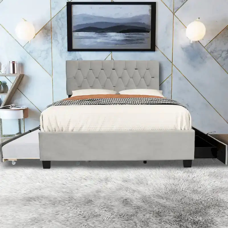 Queen Size Velvet Platform Bed with Gold Tufted Headboard, 2 Storage Drawers & Twin XL Trundle