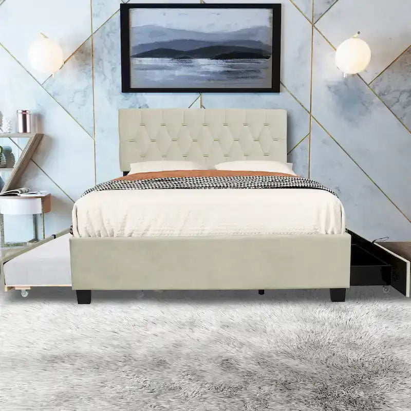 Queen Size Velvet Platform Bed with Gold Tufted Headboard, 2 Storage Drawers & Twin XL Trundle
