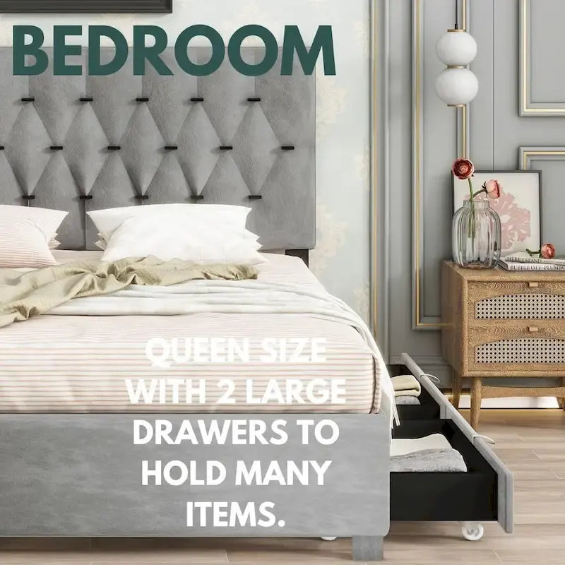 Queen Size Velvet Platform Bed with Gold Tufted Headboard, 2 Storage Drawers & Twin XL Trundle